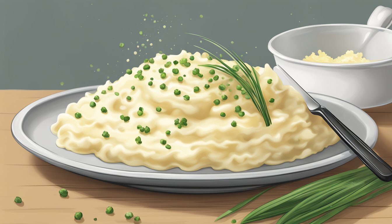 A dollop of butter melting into a mound of creamy mashed potatoes, sprinkled with freshly ground black pepper and a pinch of chives