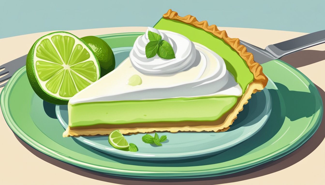 A slice of key lime pie being cut with a fork, topped with a dollop of whipped cream, on a decorative plate