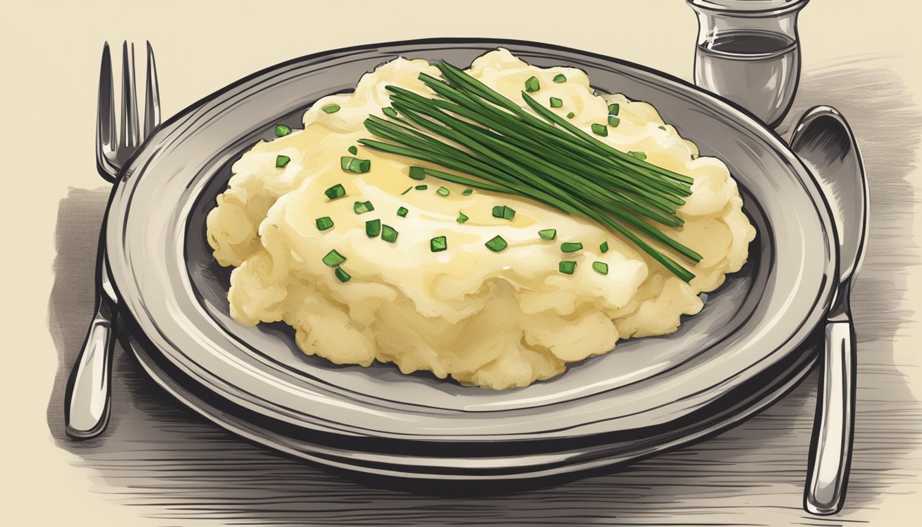 A plate of mashed potatoes topped with butter and chives, accompanied by a fork and a side of gravy in a small bowl