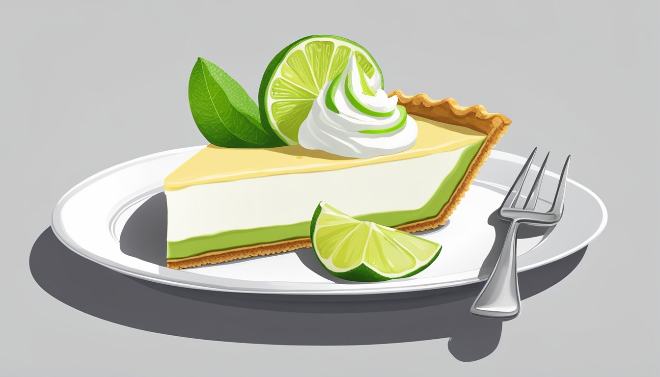 A slice of key lime pie on a white plate with a dollop of whipped cream and a garnish of lime zest, accompanied by a fork