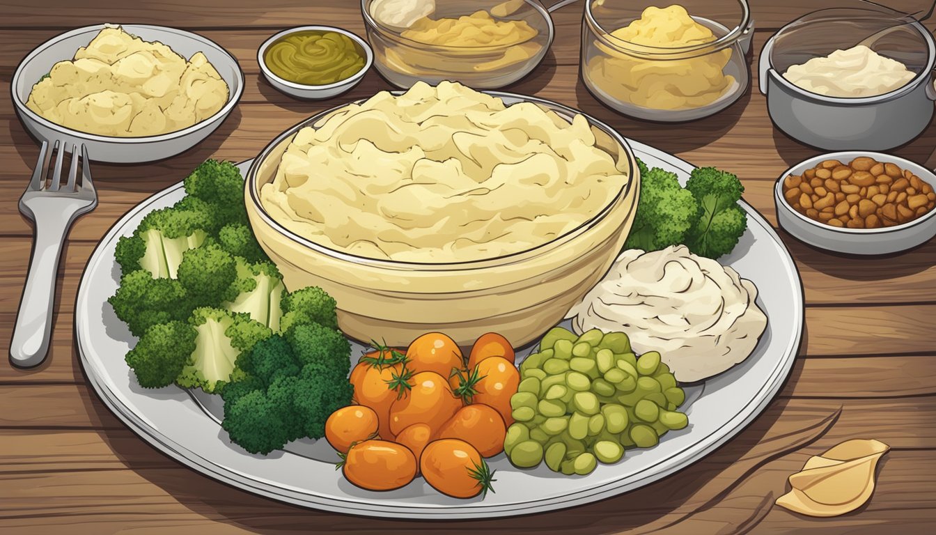 A plate of mashed potatoes with various toppings and sides arranged around it on a wooden table