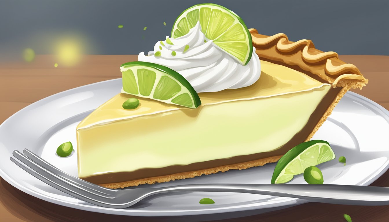 A slice of key lime pie on a white plate with a dollop of whipped cream and a garnish of lime zest