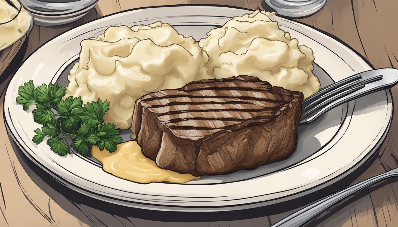 A fork scoops up creamy mashed potatoes next to a steak