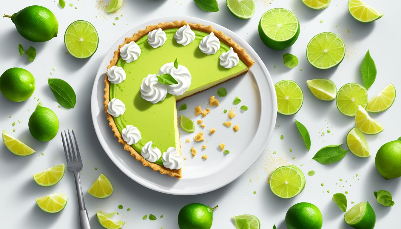 A slice of key lime pie on a white plate with a dollop of whipped cream and a garnish of lime zest, surrounded by a few scattered crumbs