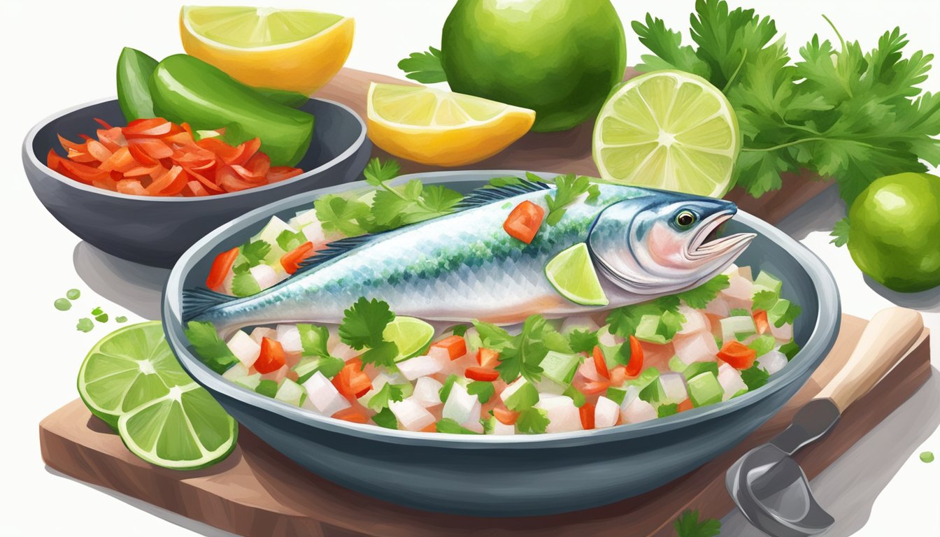 A kingfish ceviche being prepared with lime, cilantro, and chili peppers, enhancing the flavor