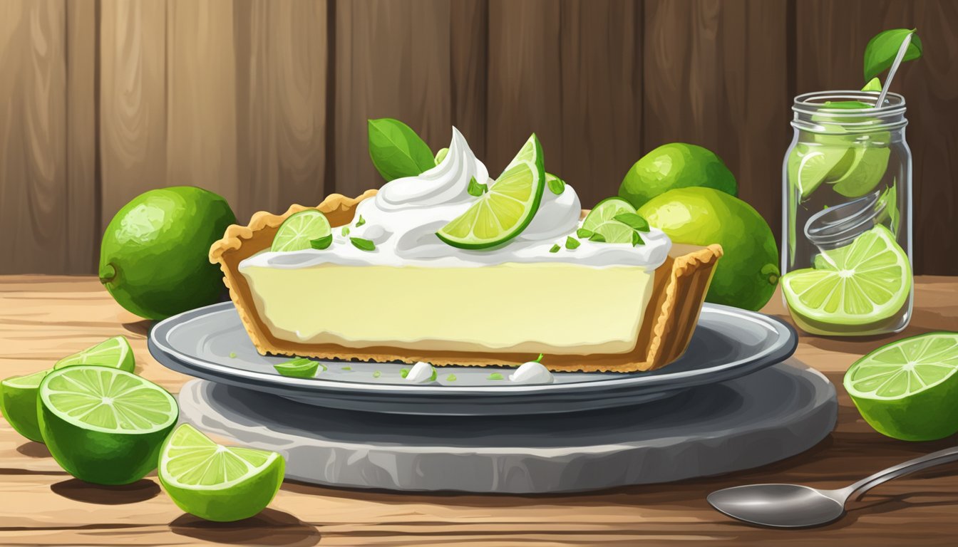 A key lime pie sits on a rustic wooden table, surrounded by fresh limes and a jar of whipped cream. A slice has been taken out, revealing the creamy filling and crumbly crust