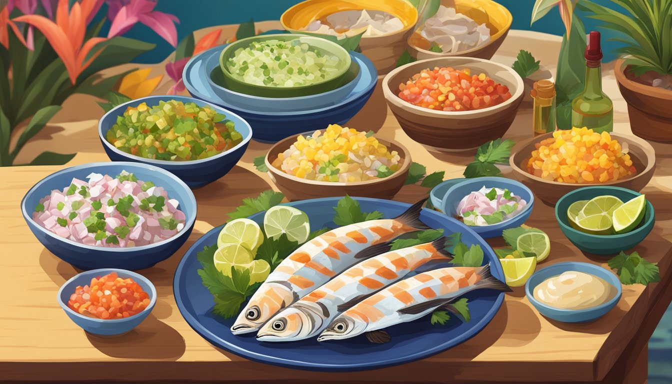 A table set with colorful plates, a bowl of kingfish ceviche, and various condiments, surrounded by vibrant cultural decor