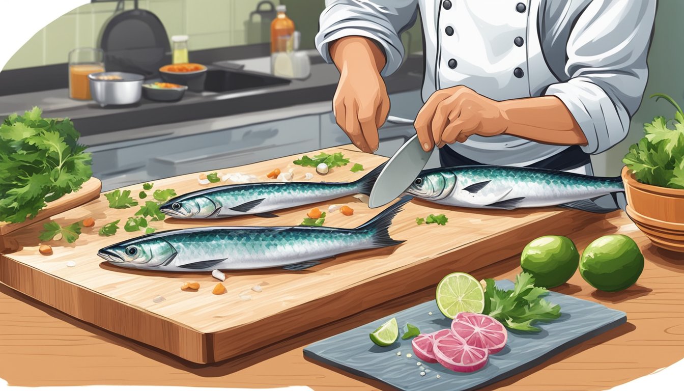 A chef preparing kingfish ceviche with fresh ingredients on a clean, sanitized cutting board