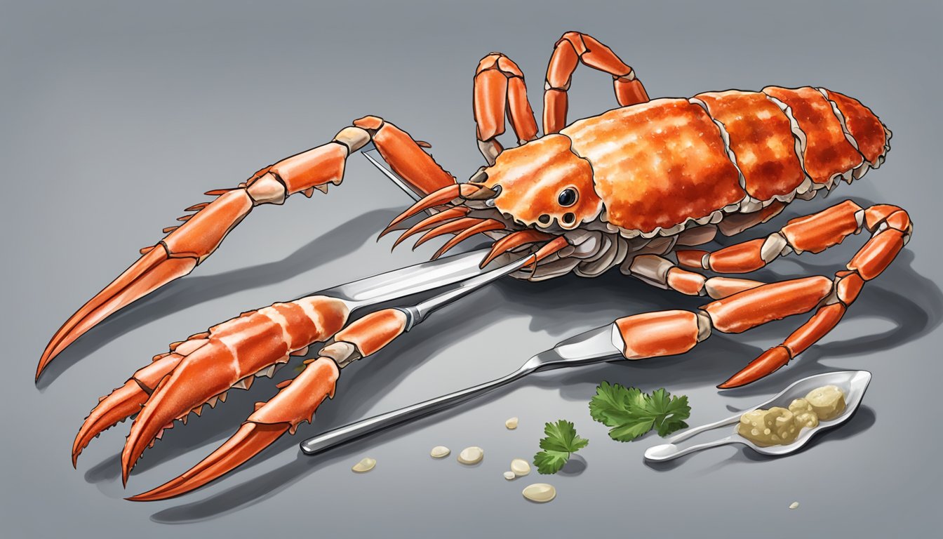 A king crab leg is held with a utensil, cracked open, and the meat is extracted