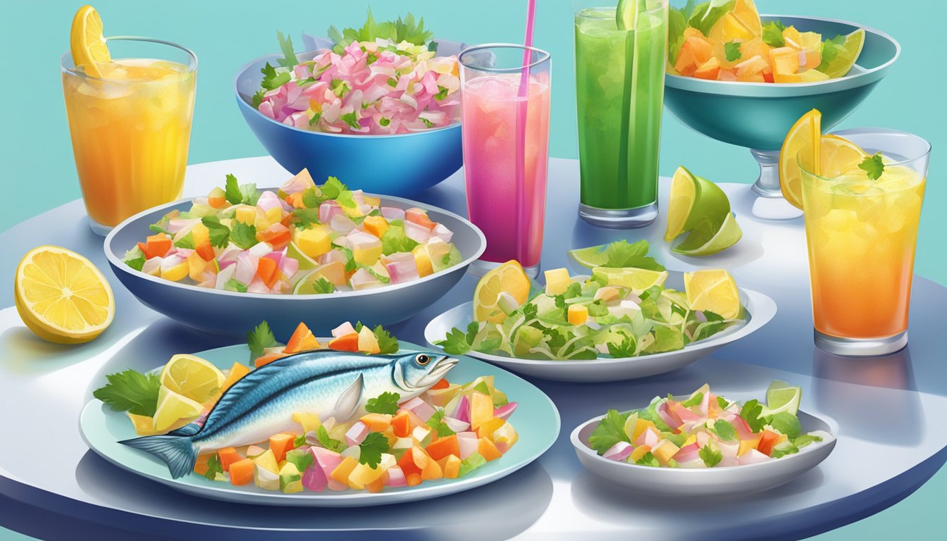 A table set with a vibrant kingfish ceviche and an array of colorful beverages