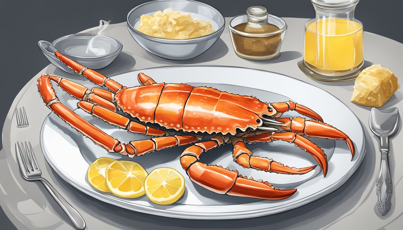 A large king crab leg is placed on a white plate next to a nutcracker, a small fork, and a bowl of melted butter