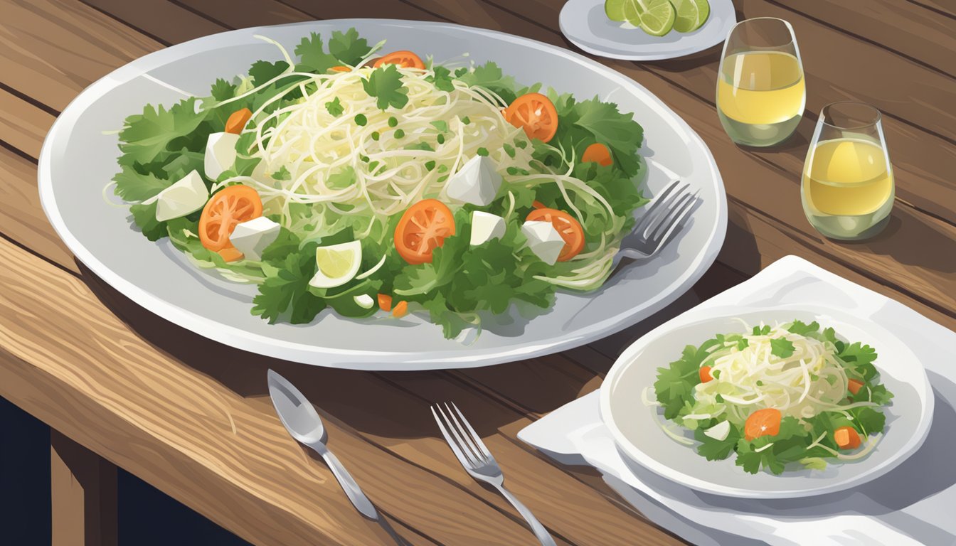 A jicama salad being served alongside a glass of white wine on a wooden table with fresh ingredients scattered around