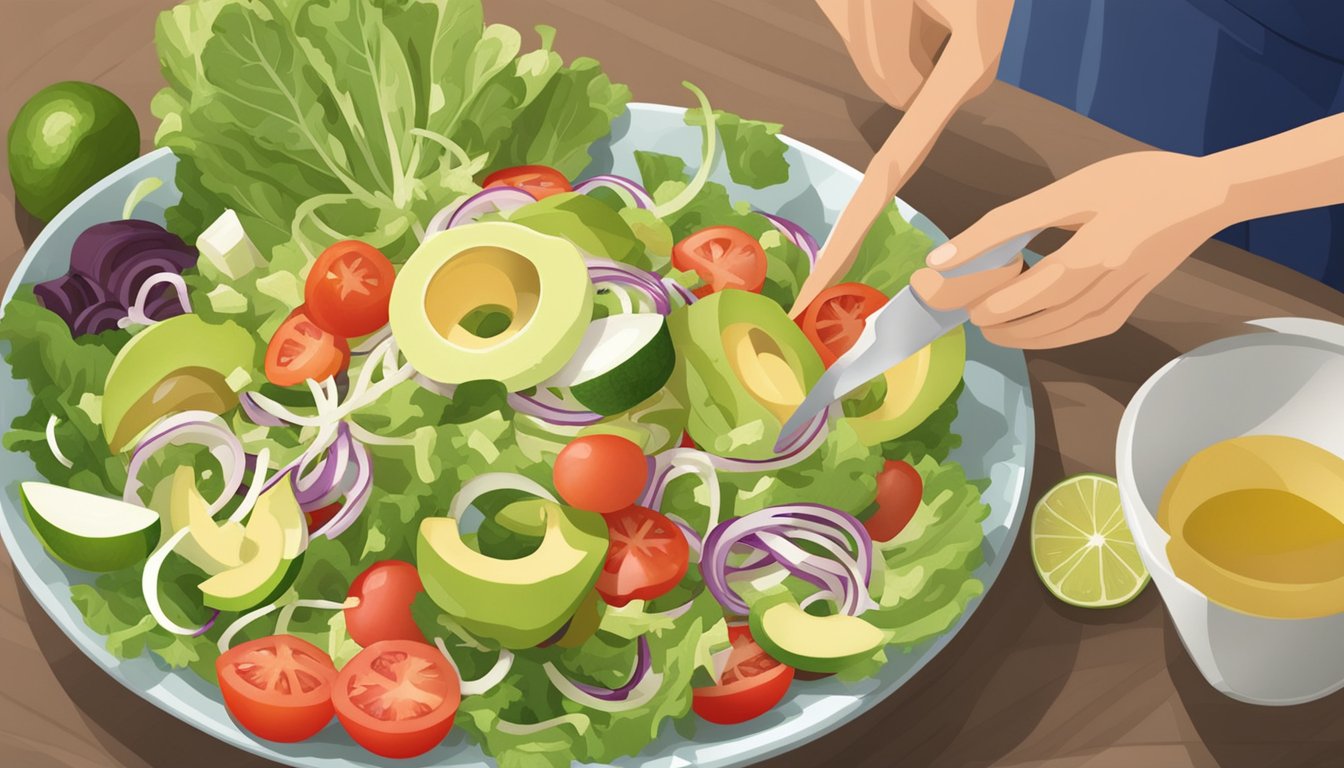 A person preparing and enjoying a jicama salad with a variety of colorful, fresh ingredients such as jicama, lettuce, tomatoes, avocado, and a zesty dressing