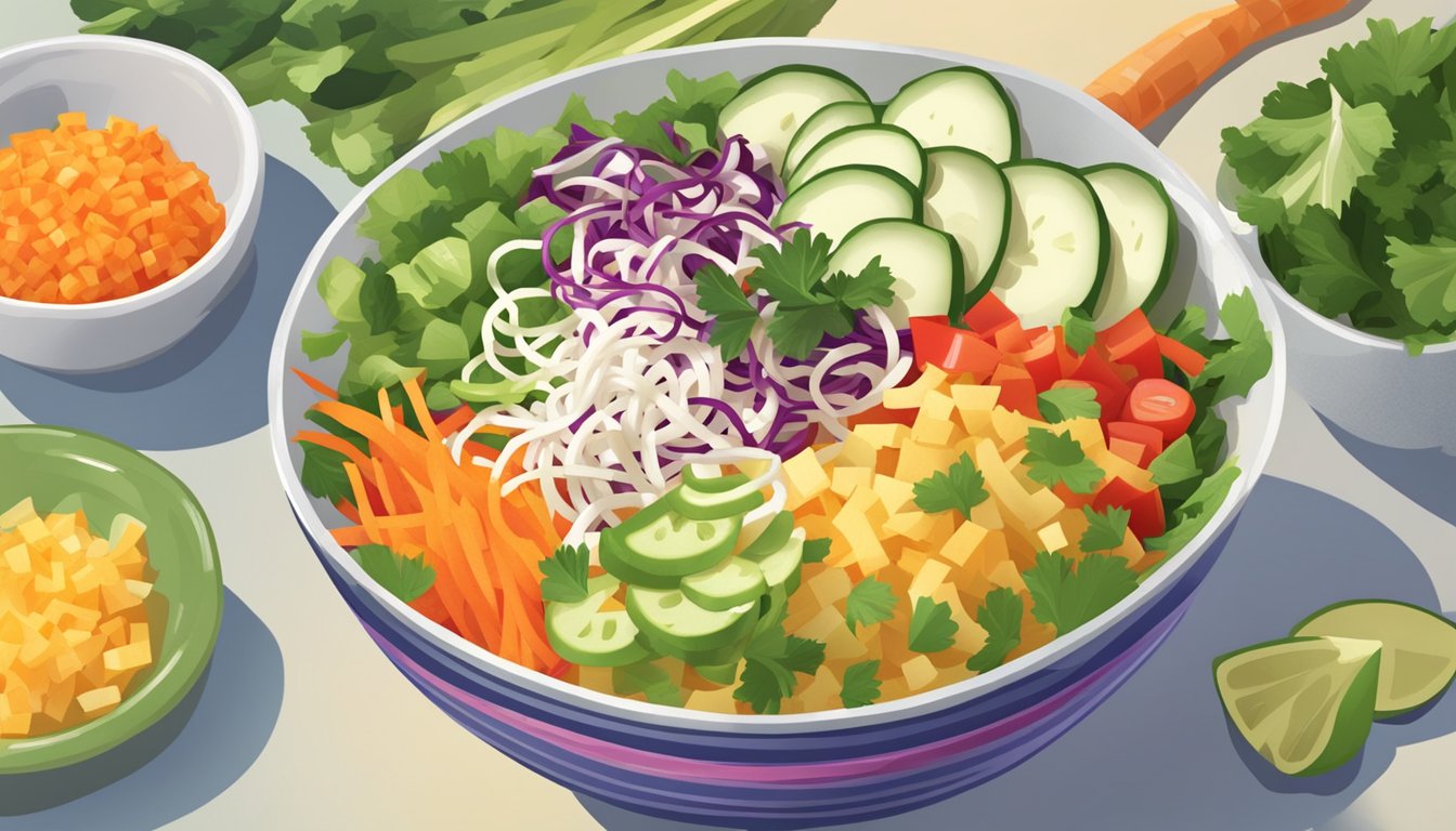 A jicama salad being prepared with sliced jicama, diced vegetables, and a light vinaigrette dressing in a vibrant, colorful bowl