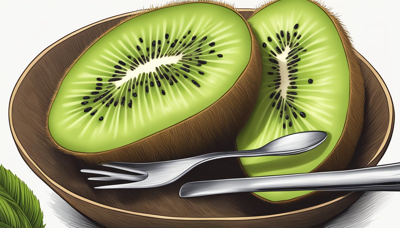 A kiwi fruit being sliced and scooped out with a spoon