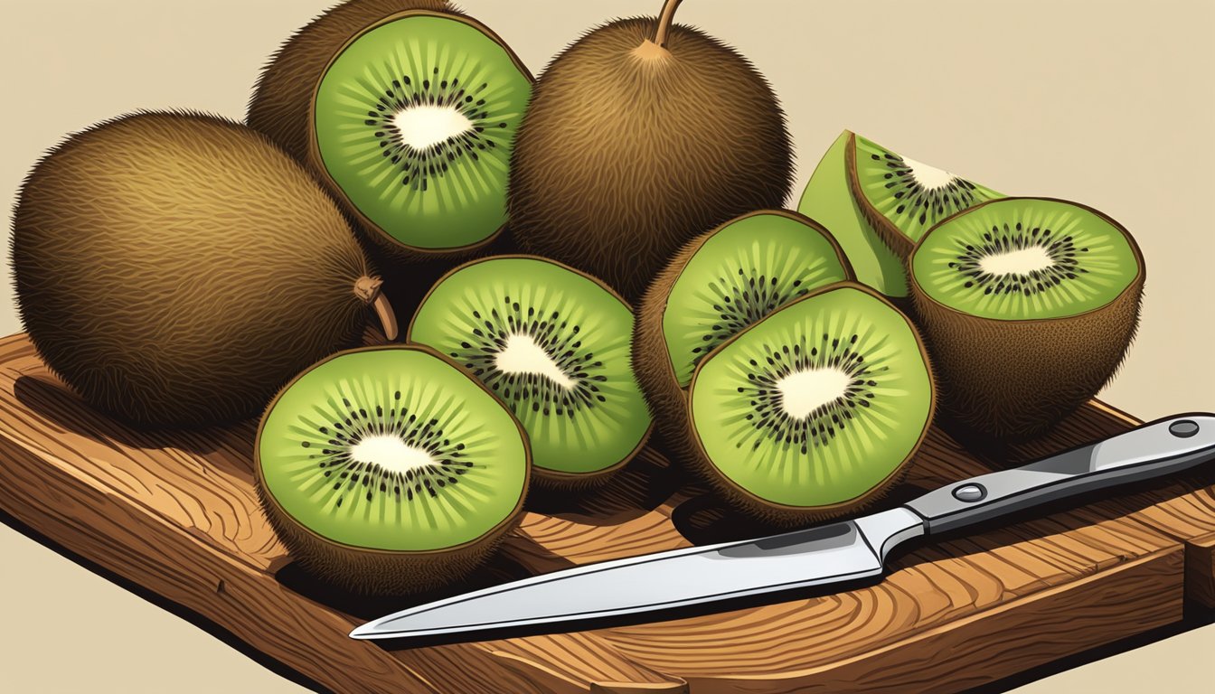 A kiwi fruit sits on a wooden cutting board, surrounded by a knife and a spoon. The fruit is being sliced into halves