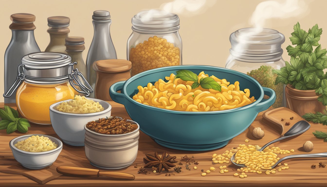 A steaming bowl of macaroni and cheese sits on a wooden table, surrounded by jars of spices and herbs. A fork hovers over the dish, ready to dig in