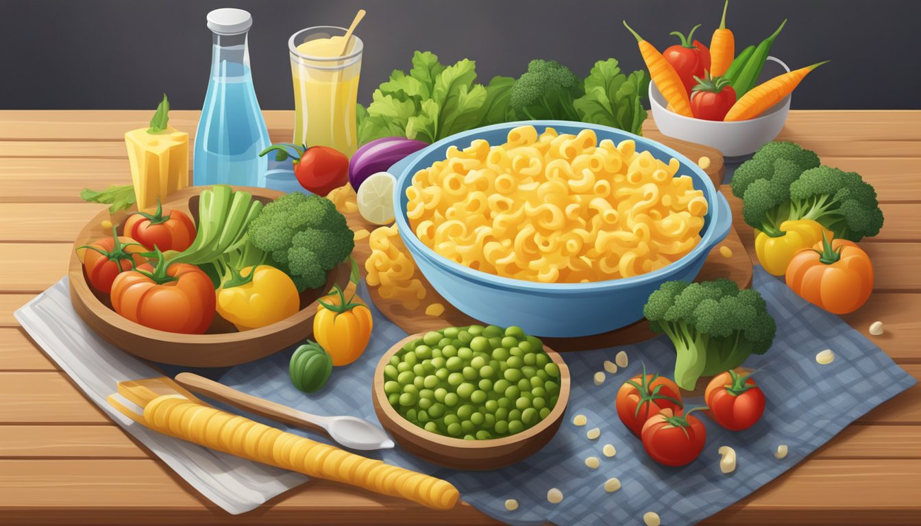 A steaming bowl of macaroni and cheese sits on a wooden table, surrounded by a colorful array of fresh vegetables and a glass of water