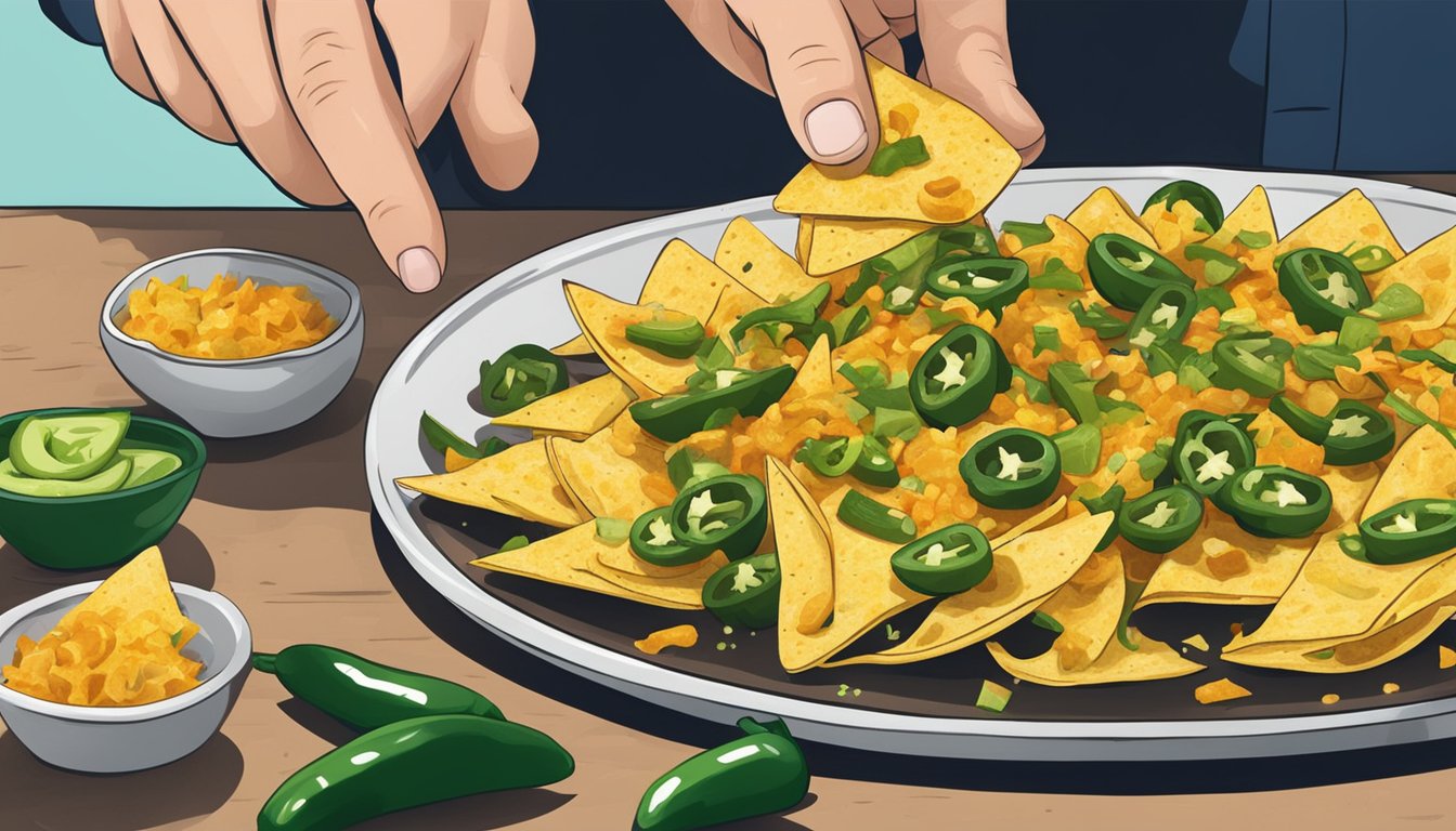 A person sprinkles chopped jalapeños onto a plate of nachos