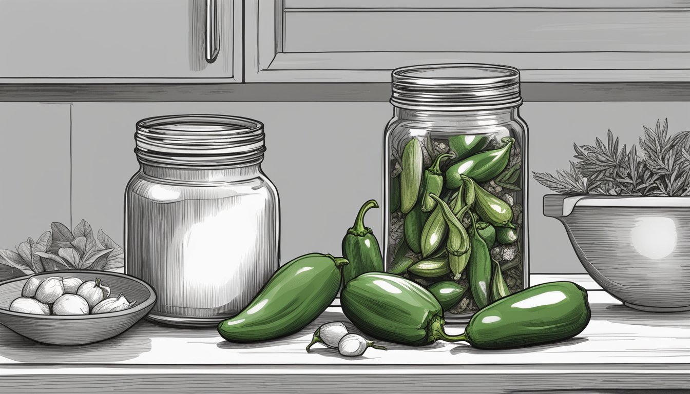 A jar of jalapeños sits on a kitchen shelf, surrounded by spices and herbs. A small knife and cutting board are nearby, ready for use