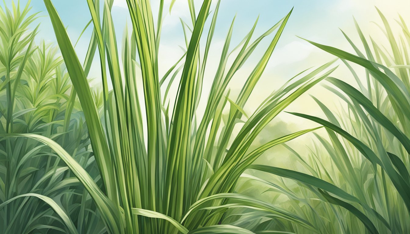 A lemongrass plant with tall, slender stalks and long, narrow leaves growing in a sunny garden