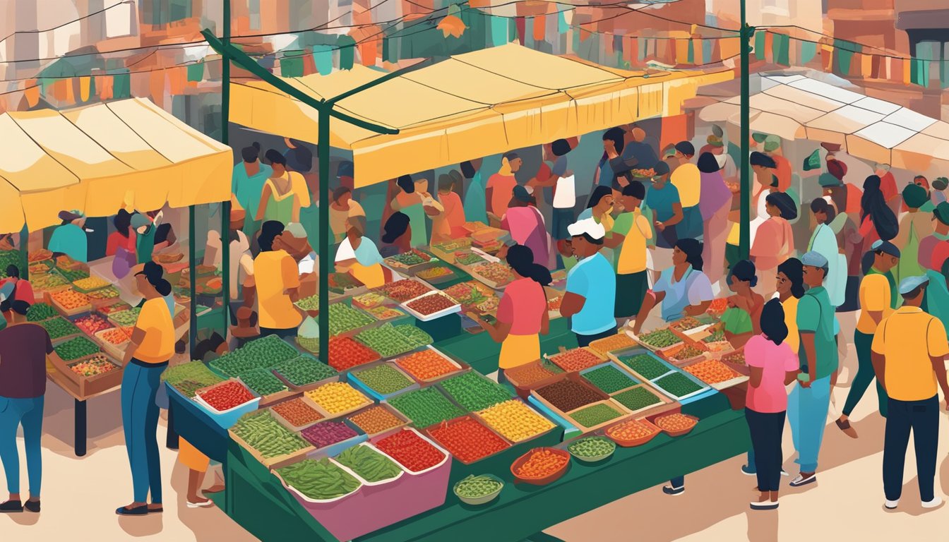 A colorful market stall filled with vibrant jalapeño peppers, surrounded by people sampling spicy dishes