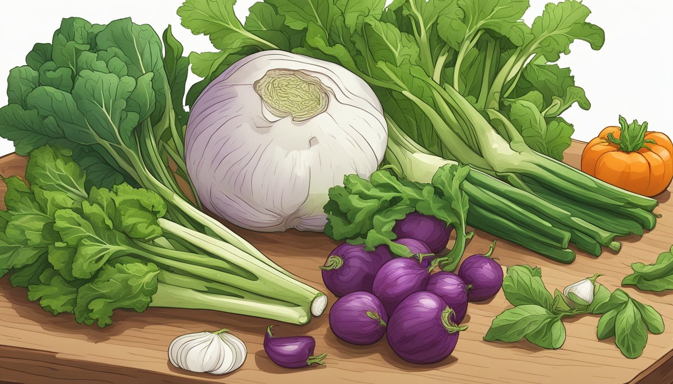 A kohlrabi sits on a wooden cutting board surrounded by a variety of fresh vegetables and herbs. A knife and cutting board are nearby, ready to prepare the kohlrabi for eating