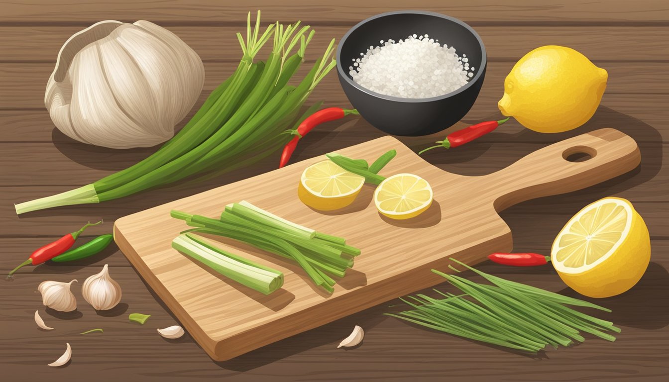 A wooden cutting board with fresh lemongrass, ginger, garlic, and chili peppers arranged next to a mortar and pestle