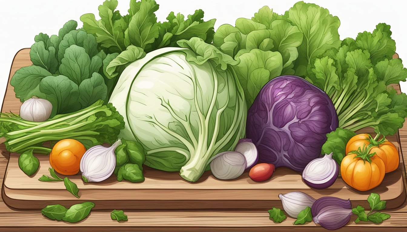 A kohlrabi with its leafy greens intact, surrounded by a variety of fresh vegetables and herbs, on a wooden cutting board