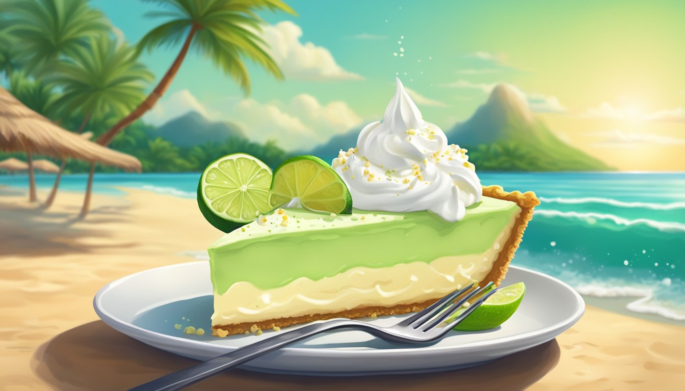 A slice of key lime pie being lifted by a fork, with a dollop of whipped cream on top, set against a backdrop of a tropical beach