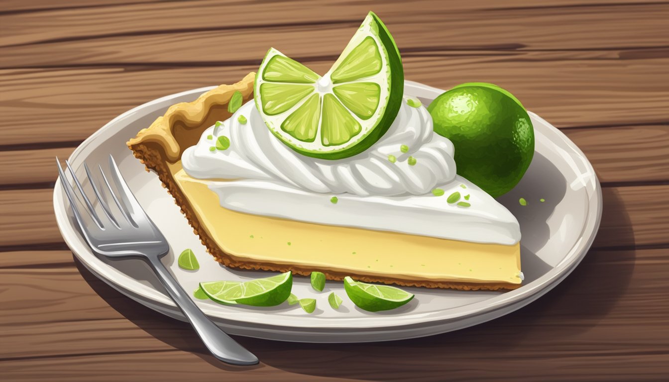 A slice of key lime pie on a rustic plate, garnished with a dollop of whipped cream and a twist of lime zest, on a wooden table