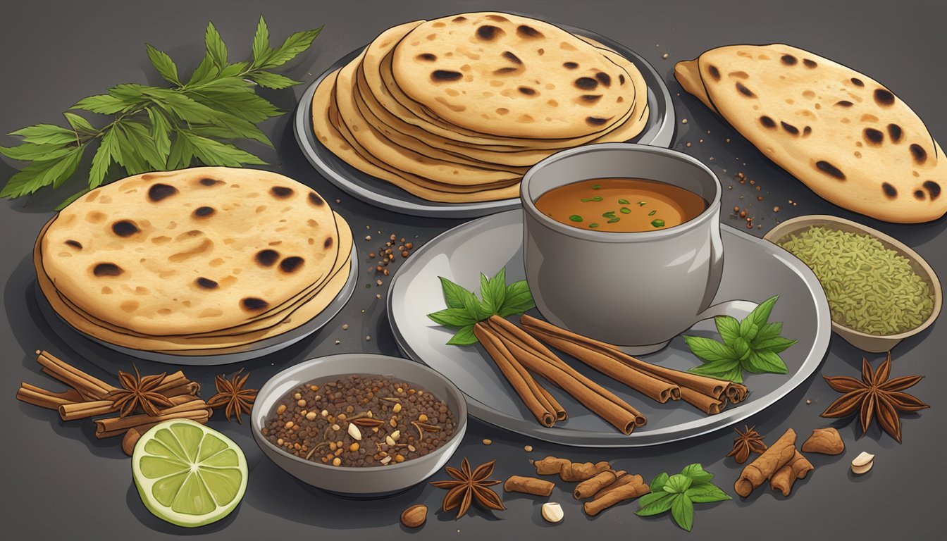 A plate of naan bread surrounded by traditional Indian spices and herbs, with a cup of chai tea in the background