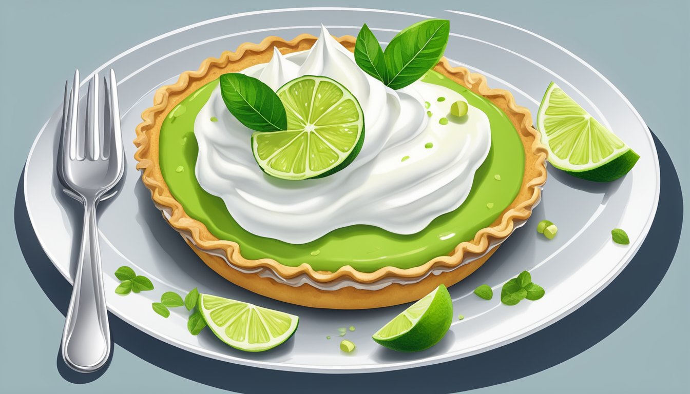 A key lime pie sits on a white plate, adorned with a dollop of whipped cream and a slice of lime. A silver fork rests beside it