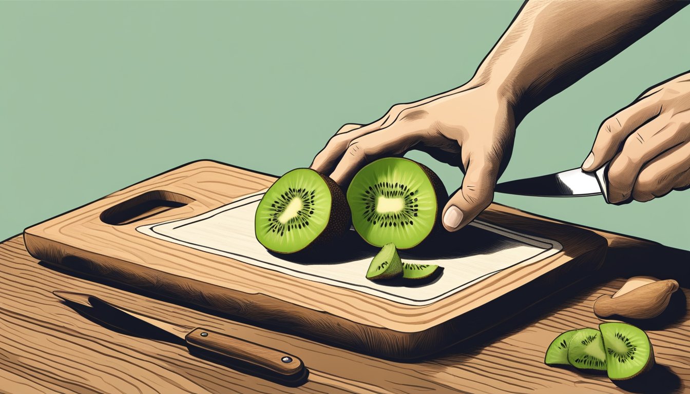 A hand reaching for a ripe kiwi on a cutting board, with a knife nearby