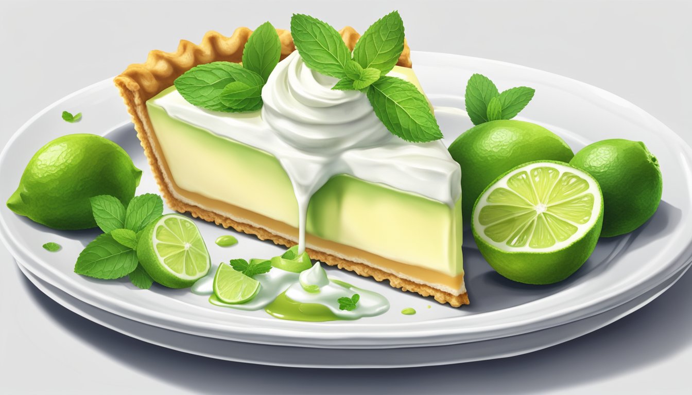 A key lime pie being sliced into portions on a white ceramic plate with a dollop of whipped cream on top, surrounded by fresh lime slices and mint leaves