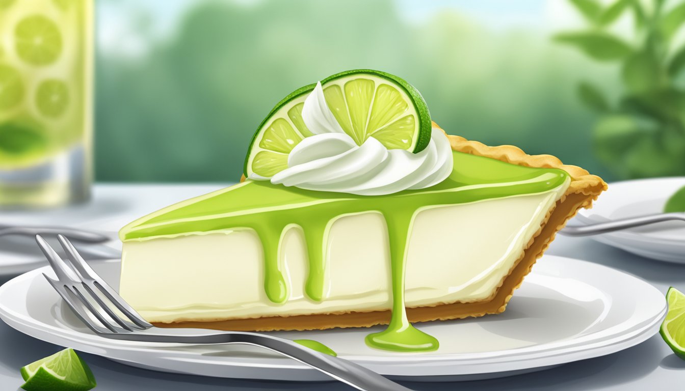 A slice of key lime pie being cut with a fork on a white plate