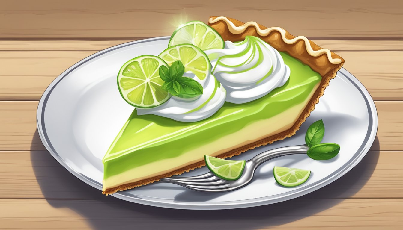 A slice of key lime pie on a white ceramic plate, garnished with a dollop of whipped cream and a twist of lime zest, sits on a wooden table