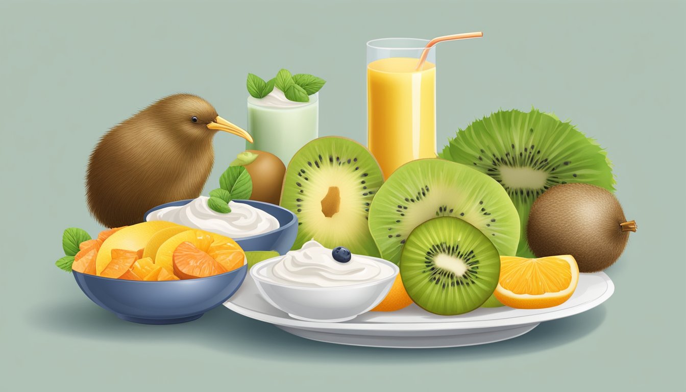 A kiwi sitting on a plate surrounded by different types of food, such as yogurt, smoothie, salad, and fruit bowl