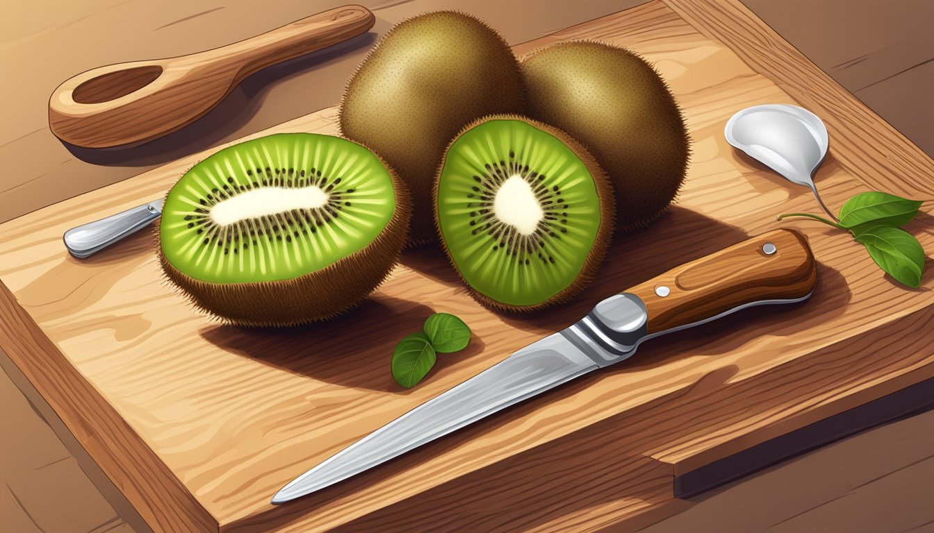 A whole kiwi fruit with the skin partially peeled, sitting on a cutting board next to a knife and a spoon