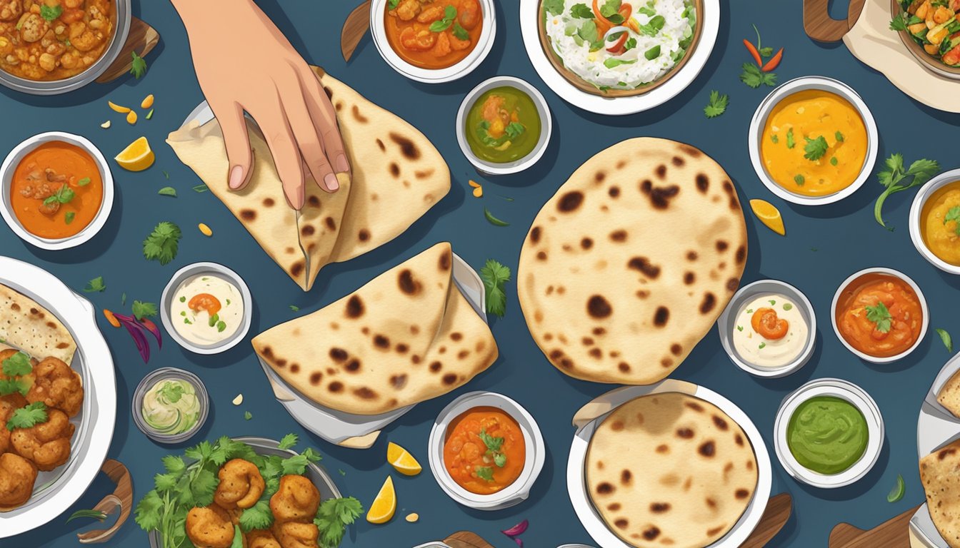 A person tearing a piece of naan bread and dipping it into a variety of colorful and flavorful Indian dishes