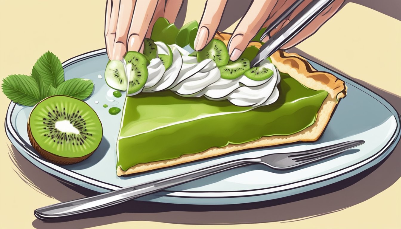 A kiwi being sliced and arranged on top of a freshly baked tart, with a dollop of whipped cream on the side