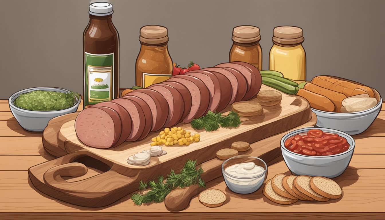 A kielbasa being sliced and placed on a cutting board with a variety of condiments and bread nearby