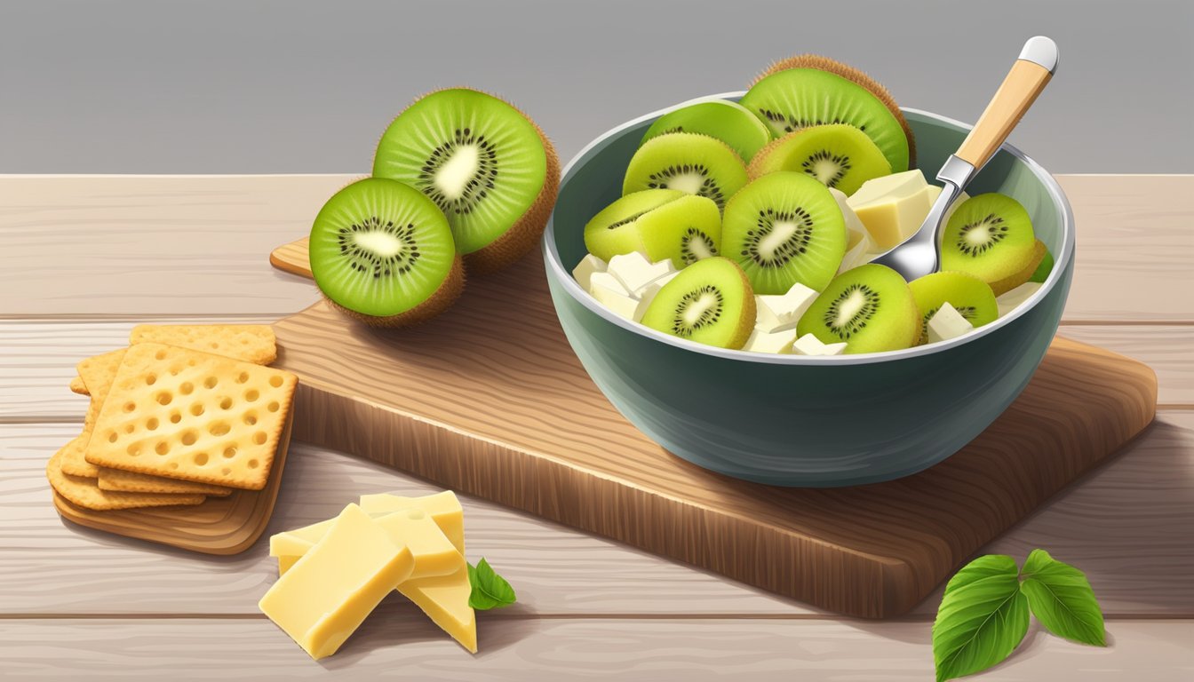 A bowl of sliced kiwi paired with cheese and crackers on a wooden board. A whole kiwi and a spoon on the side