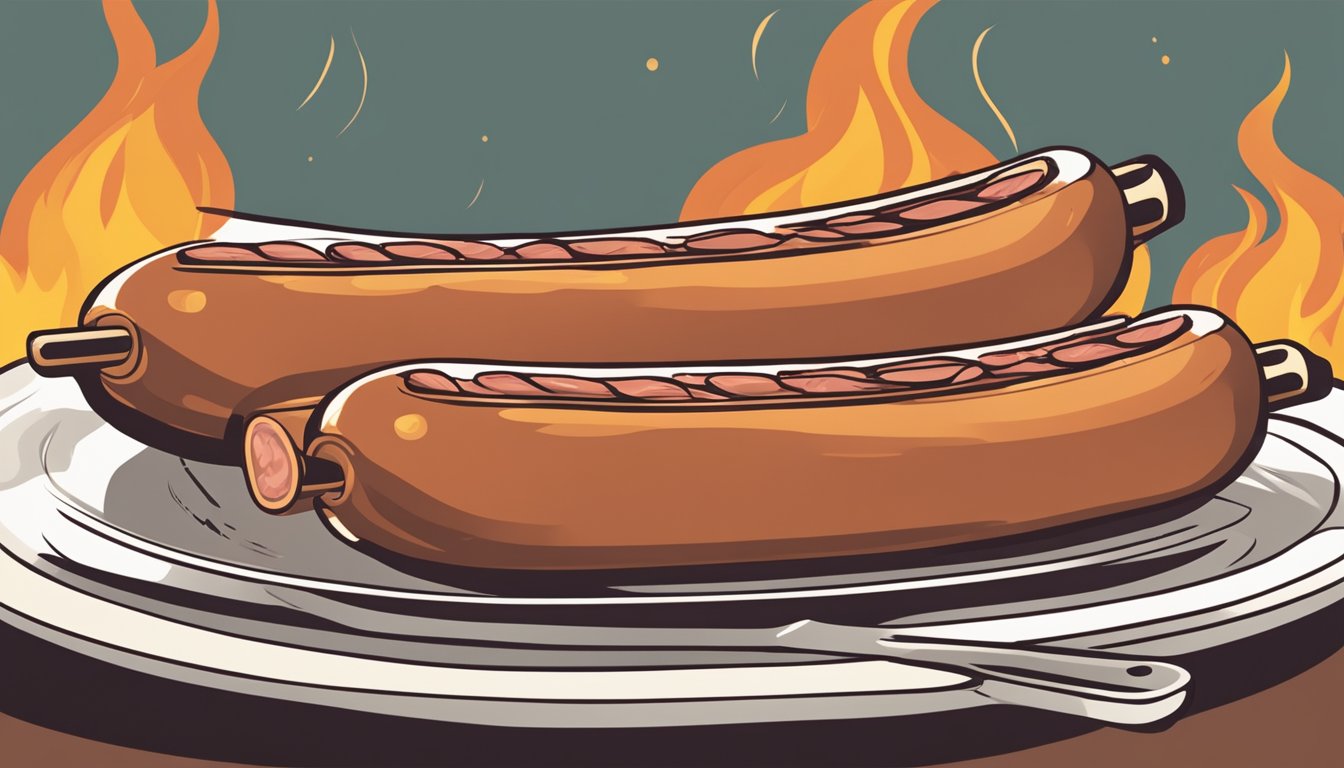 A kielbasa being sliced and grilled over an open flame