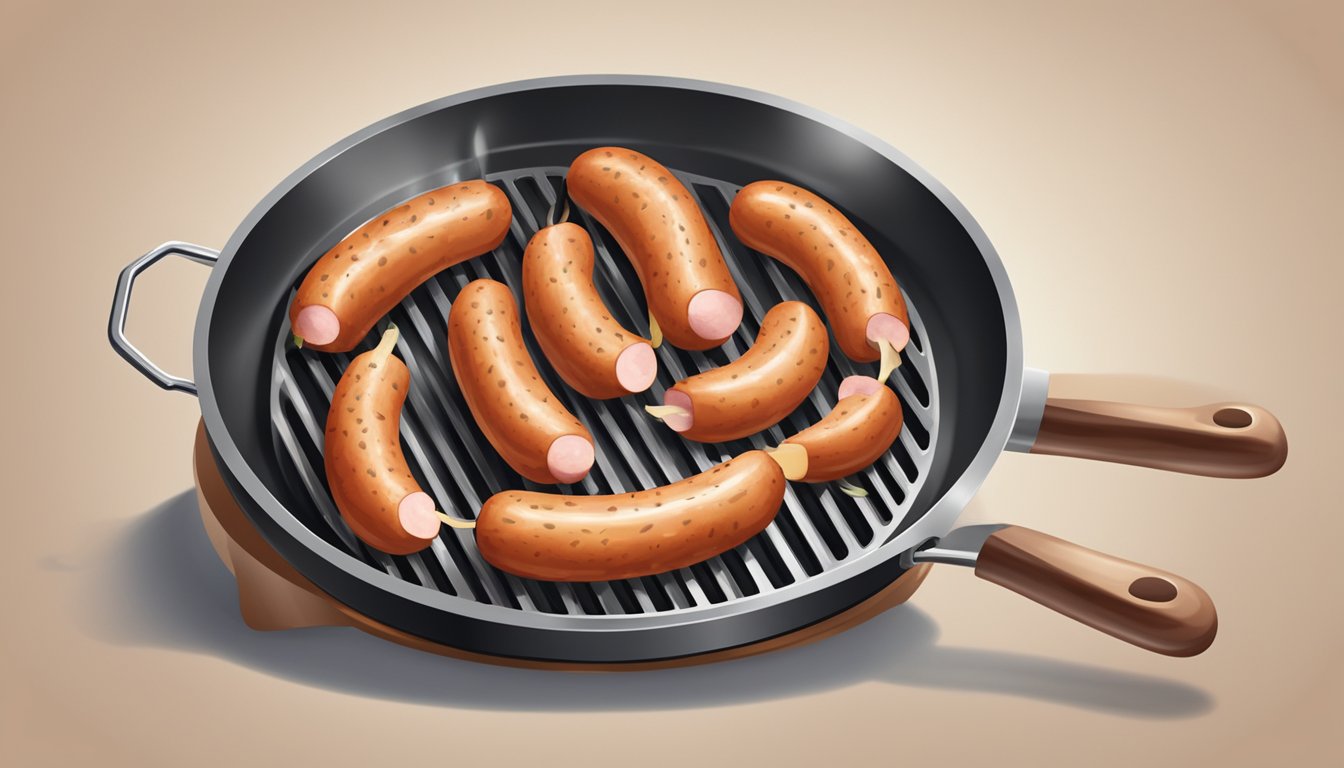 A kielbasa being sliced and grilled on a sizzling hot pan, emitting aromatic smoke and crackling sounds