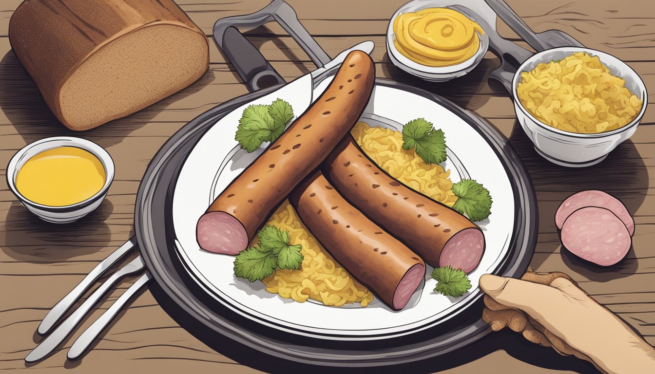 A kielbasa being sliced and served on a plate with mustard and sauerkraut