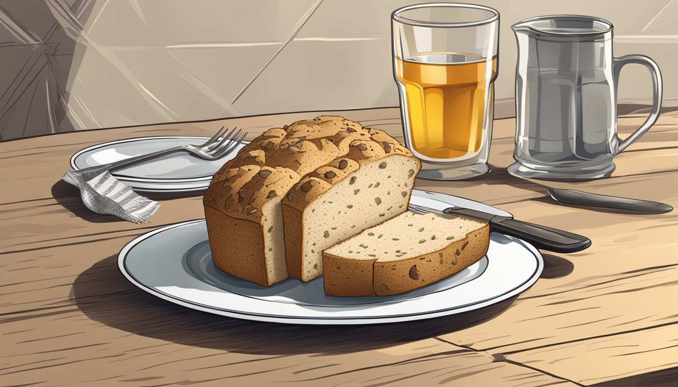 A table set with a loaf of Irish soda bread, a knife, and a plate with crumbs