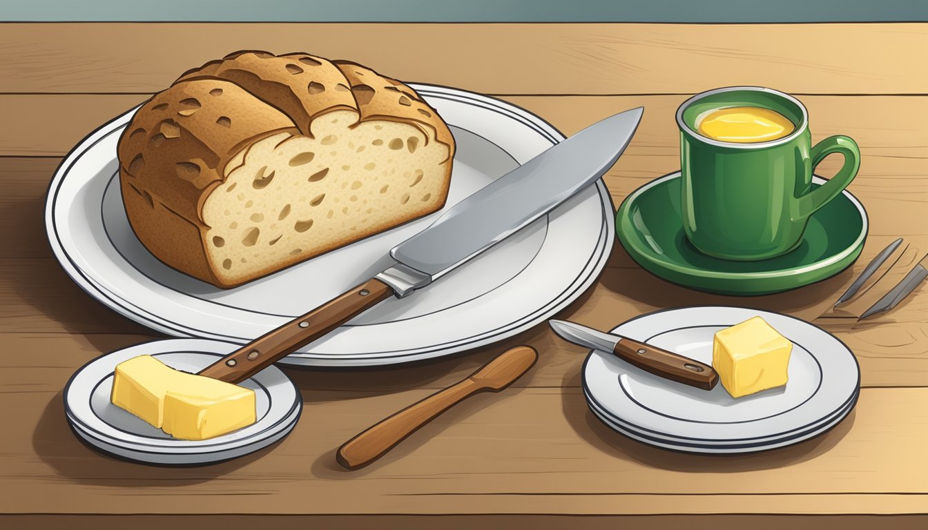 A table set with a loaf of Irish soda bread, a knife, and a plate with butter