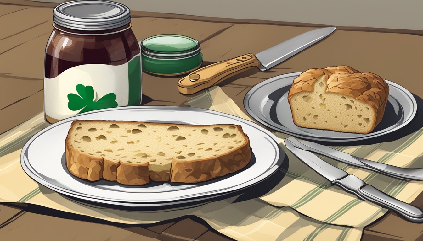 A table set with a loaf of Irish soda bread, a knife, a plate, and a spread of butter and jam