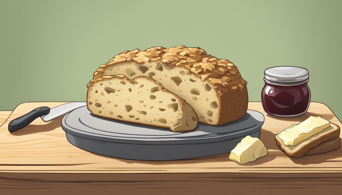 A slice of Irish soda bread being spread with butter and topped with jam on a wooden cutting board